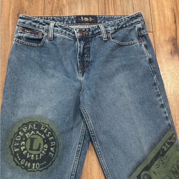 Vintage Y2K L.E.I. Dollar Bill Money Graffiti Airbrush Graphic Print Flare Jeans - Picture 2 of 9